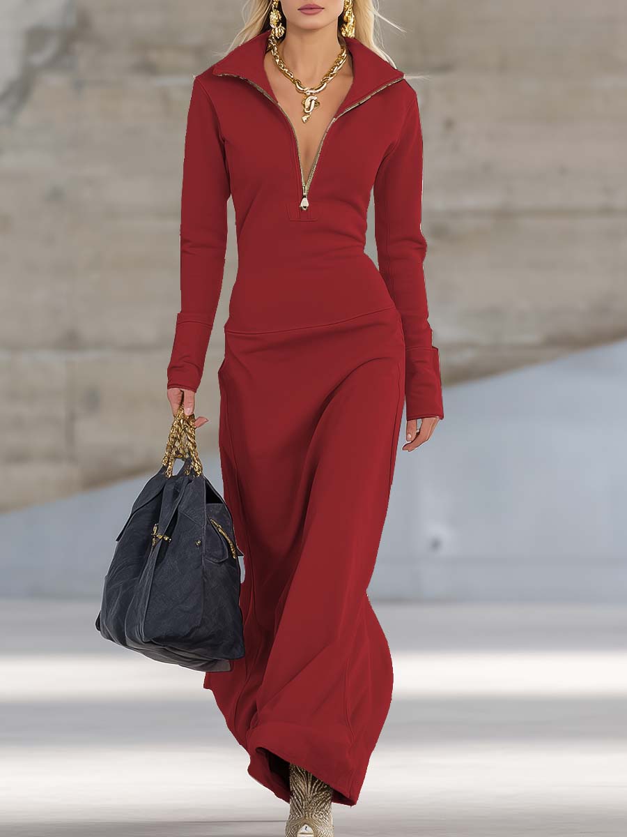 Elegantes retro-sportliches Maxikleid mit V-Ausschnitt, vorderem Reißverschluss und langen Ärmeln in Rosa