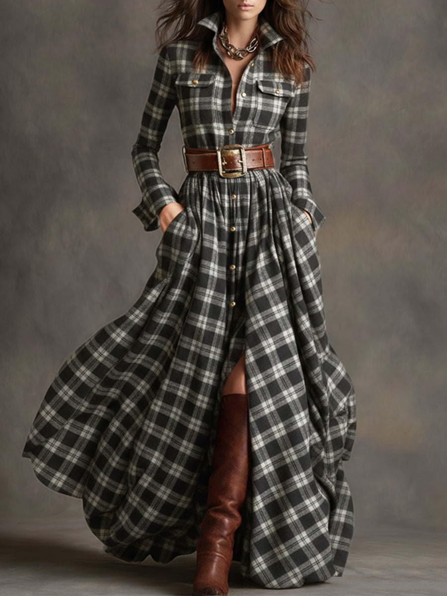 Retro-Maxikleid im Ethno-Stil mit Revers und rotbraunem Karomuster