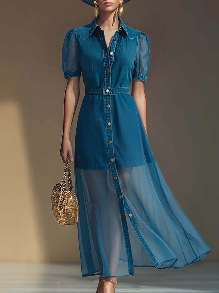 Edles modisches Maxikleid mit Knopfleiste, V-Ausschnitt, kurzen Ärmeln und Organza-Überwurf aus blauem Denim