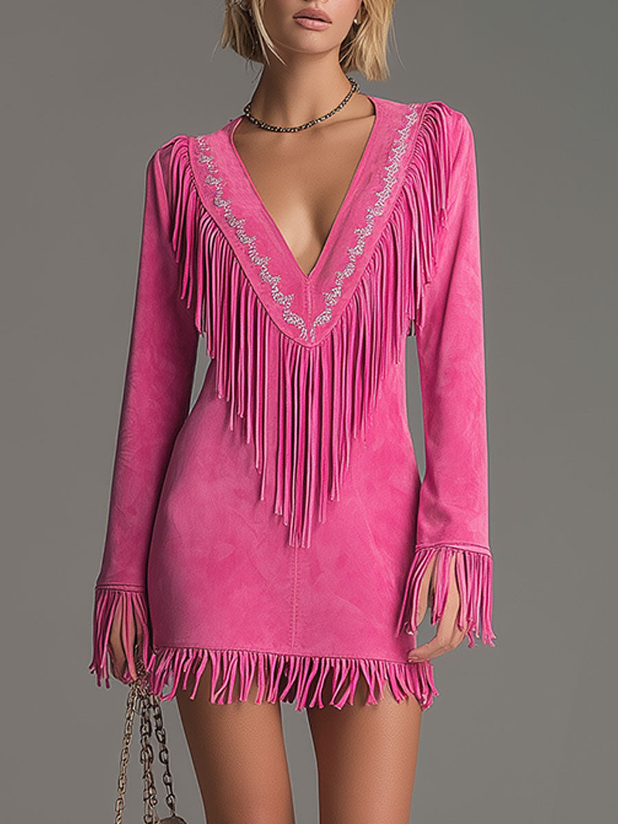 Besticktes rosa Wildleder-Imitat-Minikleid im Western-Retro-Stil mit Fransen