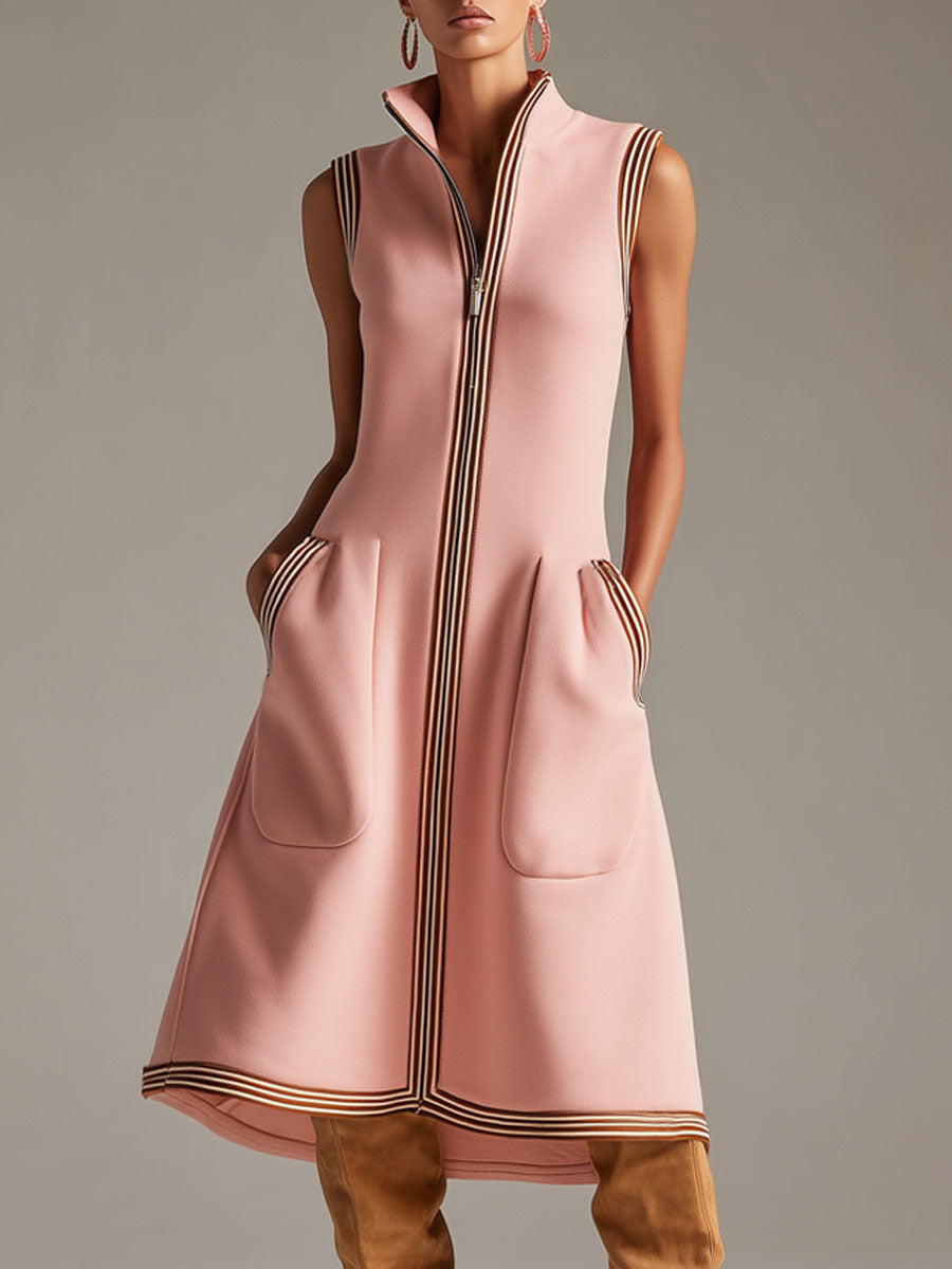 Sportliches Retro Midikleid aus rosa Baumwollmischung, ärmellos, geripptes gestreiftes Design