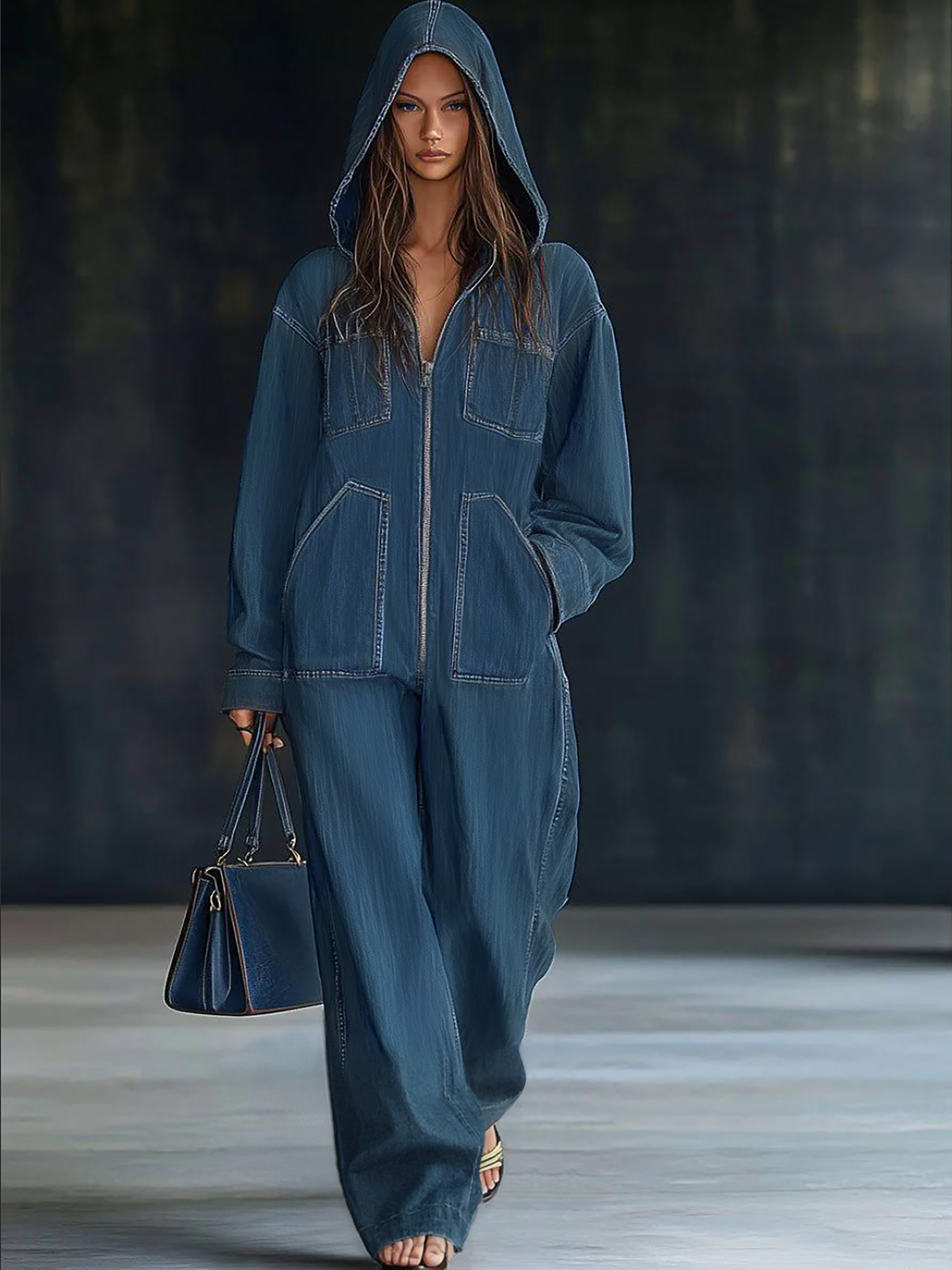 Lässiger, lockerer Retro-Denim-Jumpsuit mit Taschen, langen Ärmeln, Kapuze und Reißverschluss