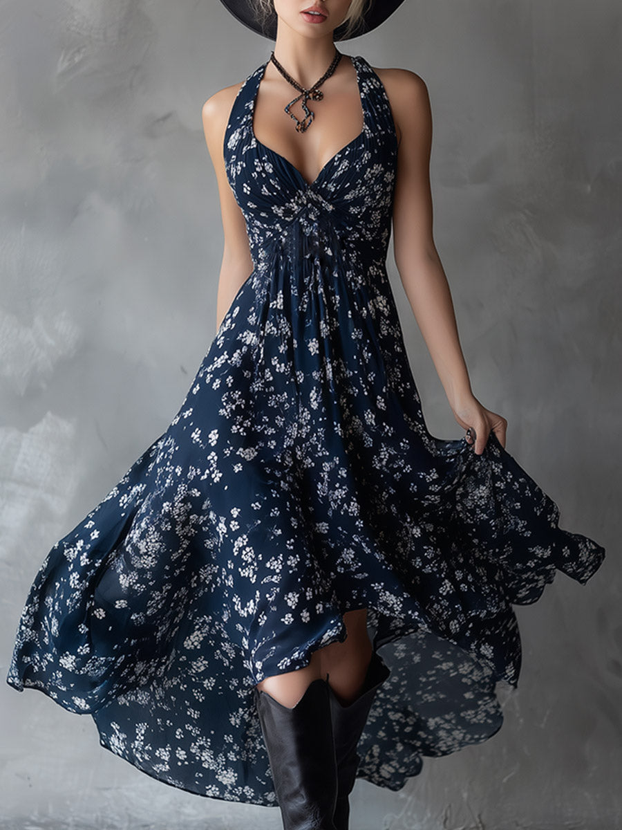 Klassisches Retro-Maxikleid mit Blumenmuster in Marineblau aus Chiffon, ärmellos