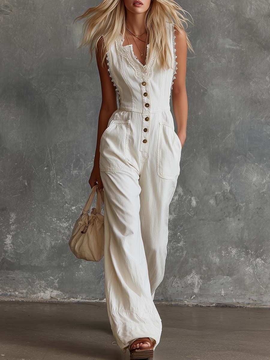 Eleganter Vintage-Western-Overall aus weißer Baumwolle mit V-Ausschnitt, Knopfleiste vorne und Spitzenbesatz