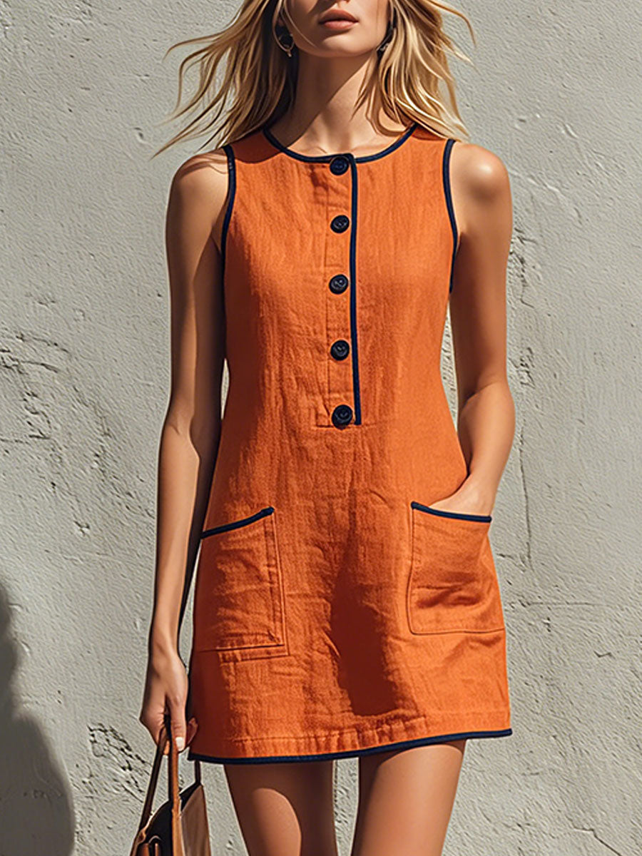 Lässiges blaues Retro-Minikleid aus Baumwoll-Leinen, ärmellos, mit Rundhalsausschnitt und Colorblock-Besatz