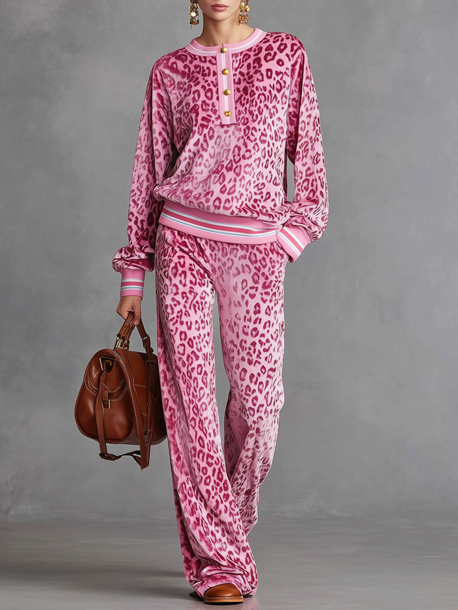 Casual-Sport-Retro-Set aus rosa Samtsweatshirt mit Leopardenmuster und weiter Hose