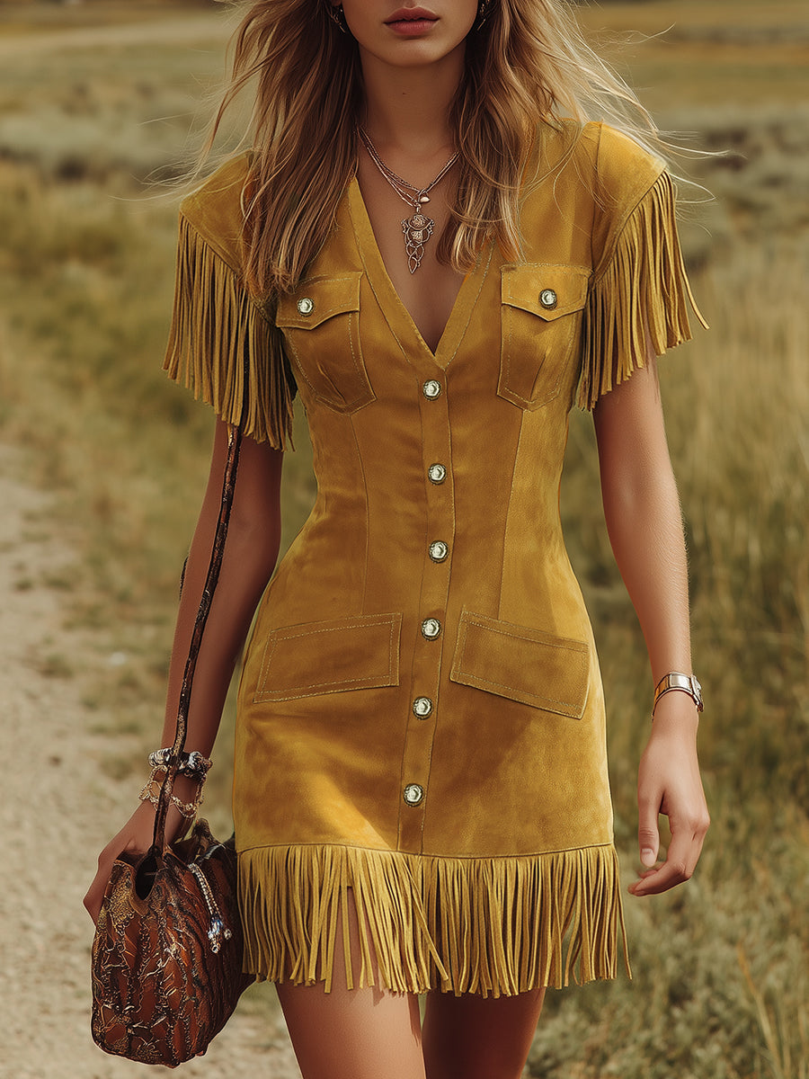 Vintage-Minikleid im Western-Stil aus Velourslederimitat mit V-Ausschnitt und Fransen