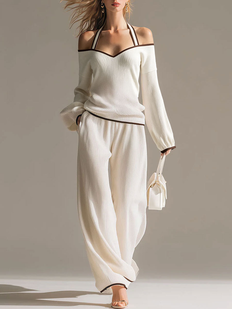Elegantes Colorblock-Set aus weißem langärmeligem Strick-Neckholder-Oberteil und Hose