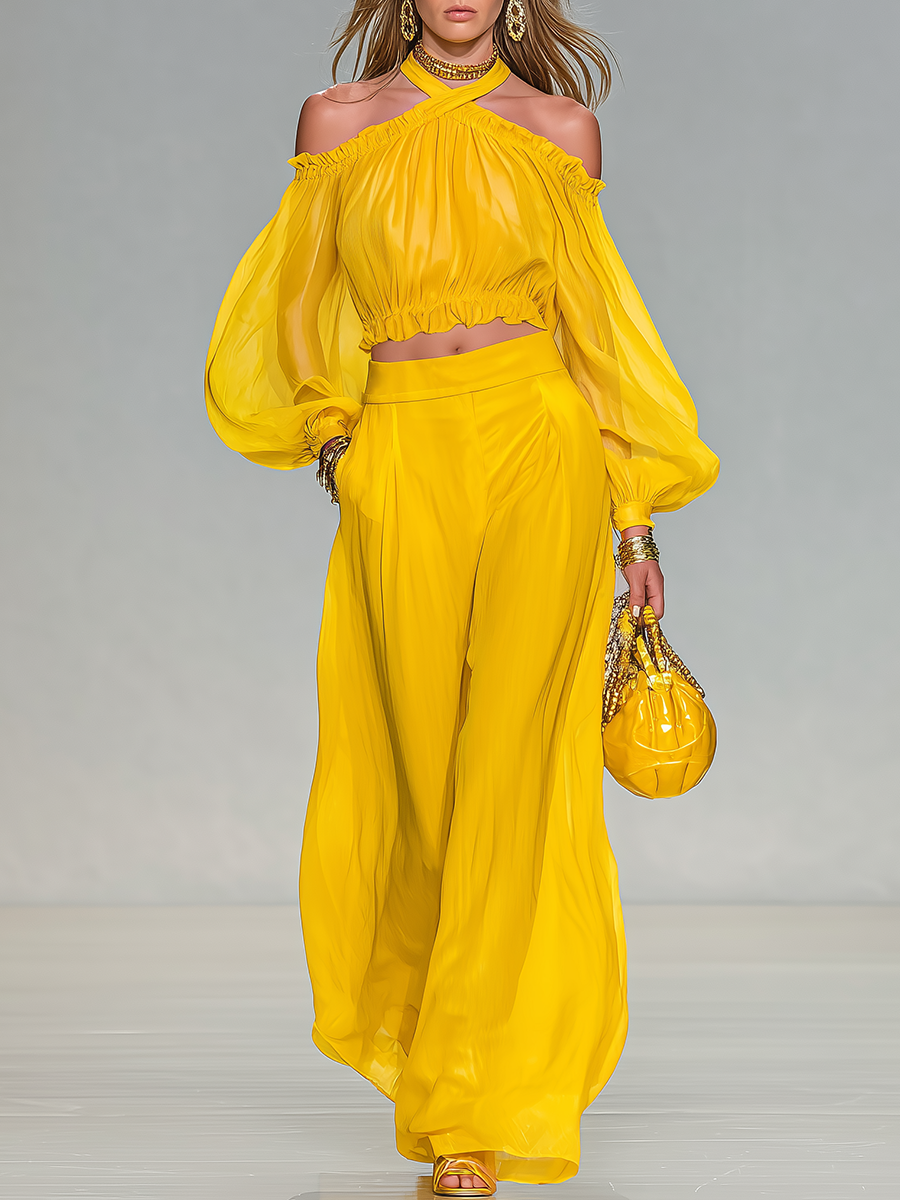 Elegantes Urban-Style-Set aus Chiffon-Neckholder-Top und weiter Hose