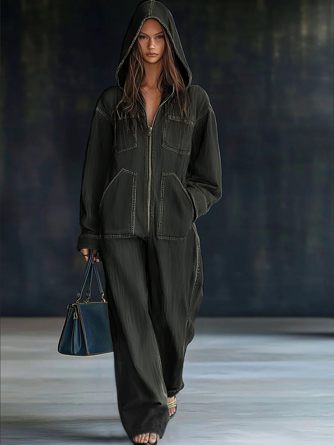 Lässiger, lockerer Retro-Denim-Jumpsuit mit Taschen, langen Ärmeln, Kapuze und Reißverschluss