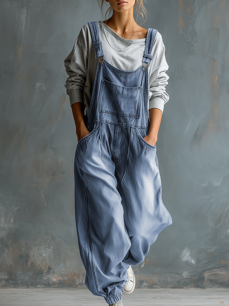 Lässige Retro Latzhose aus gewaschenem Denim in Blau mit Taschen