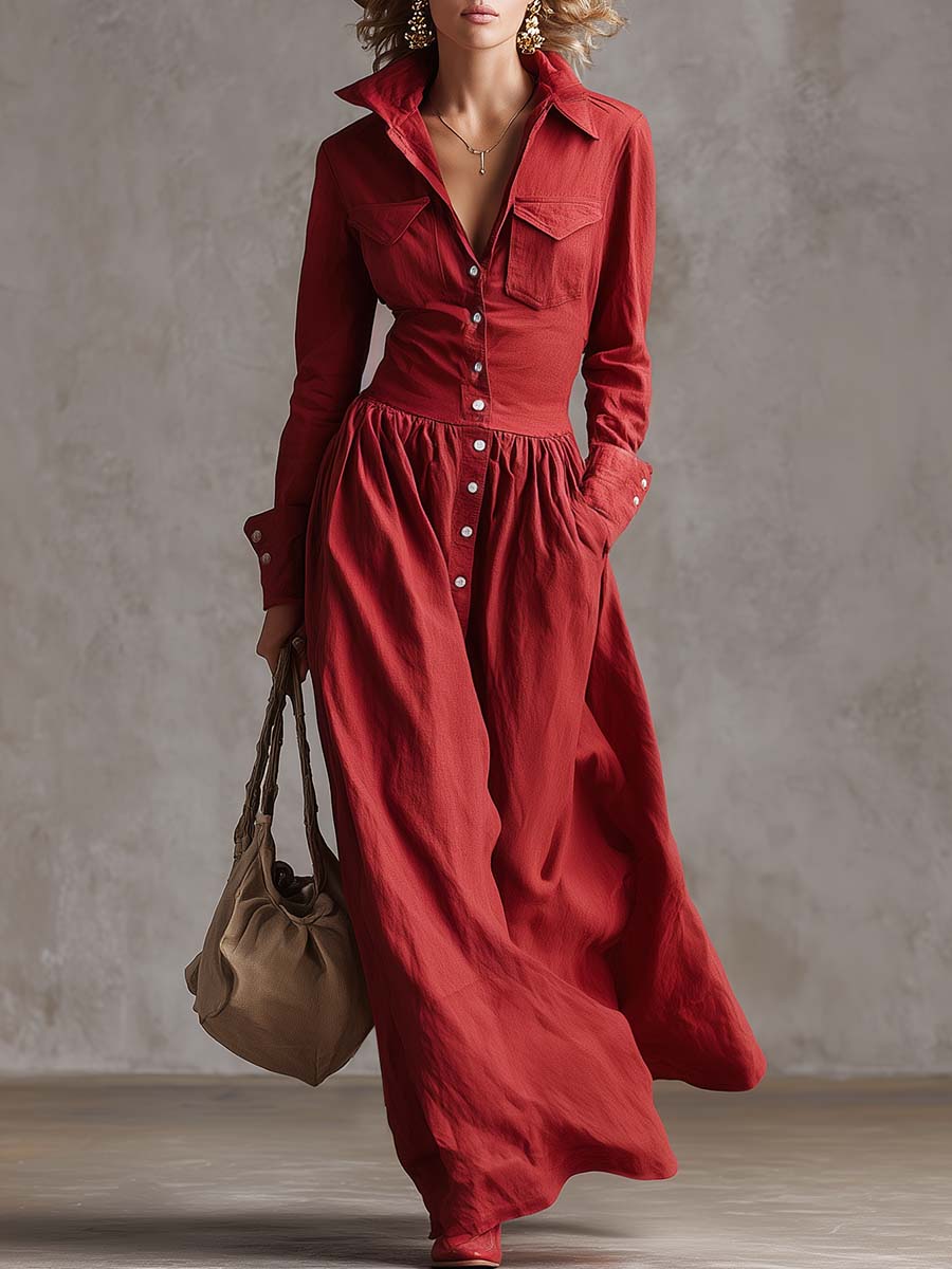 Edles Retro-Western-Maxikleid mit Revers und Knopfleiste in Rot im Trenchcoat-Stil aus Baumwolle und Leinen