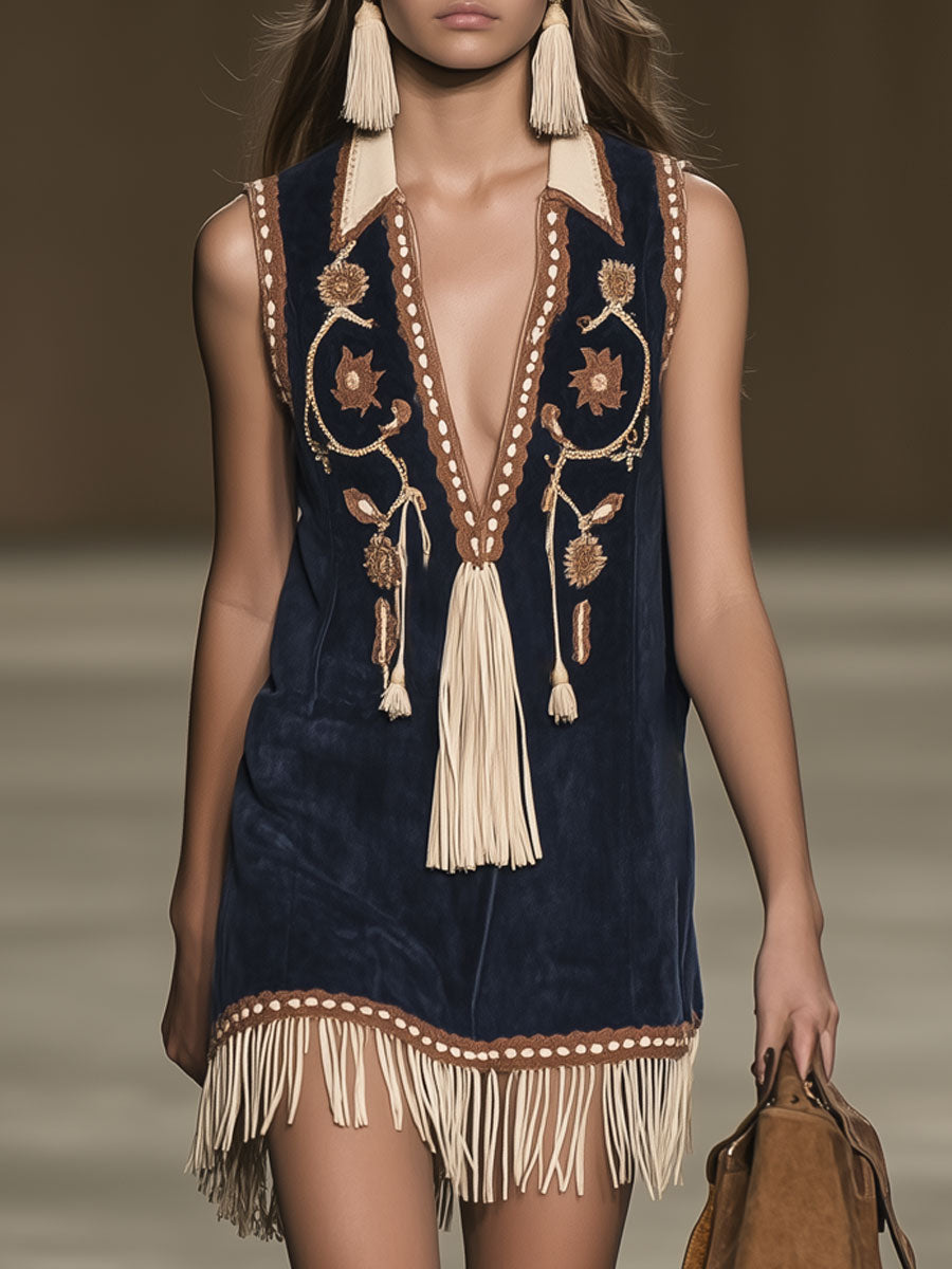 Ärmelloses Western-Retro-Minikleid aus Kunstwildleder im Bohemian-Stil mit Stickerei und Quasten