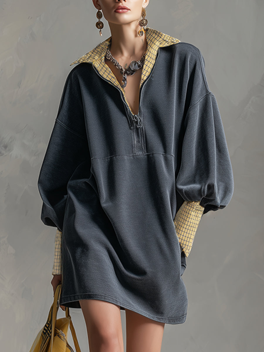 Lässiges sportliches graues Sweatshirt-Minikleid aus Washed-Baumwolle mit kariertem Besatz