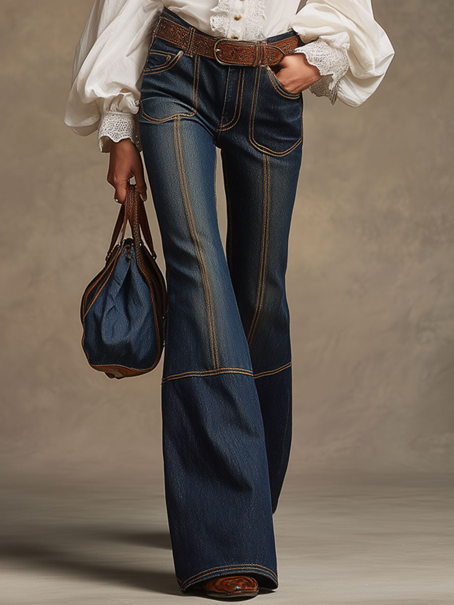 Retro Jeans in Marineblau mit brauner Doppelnaht