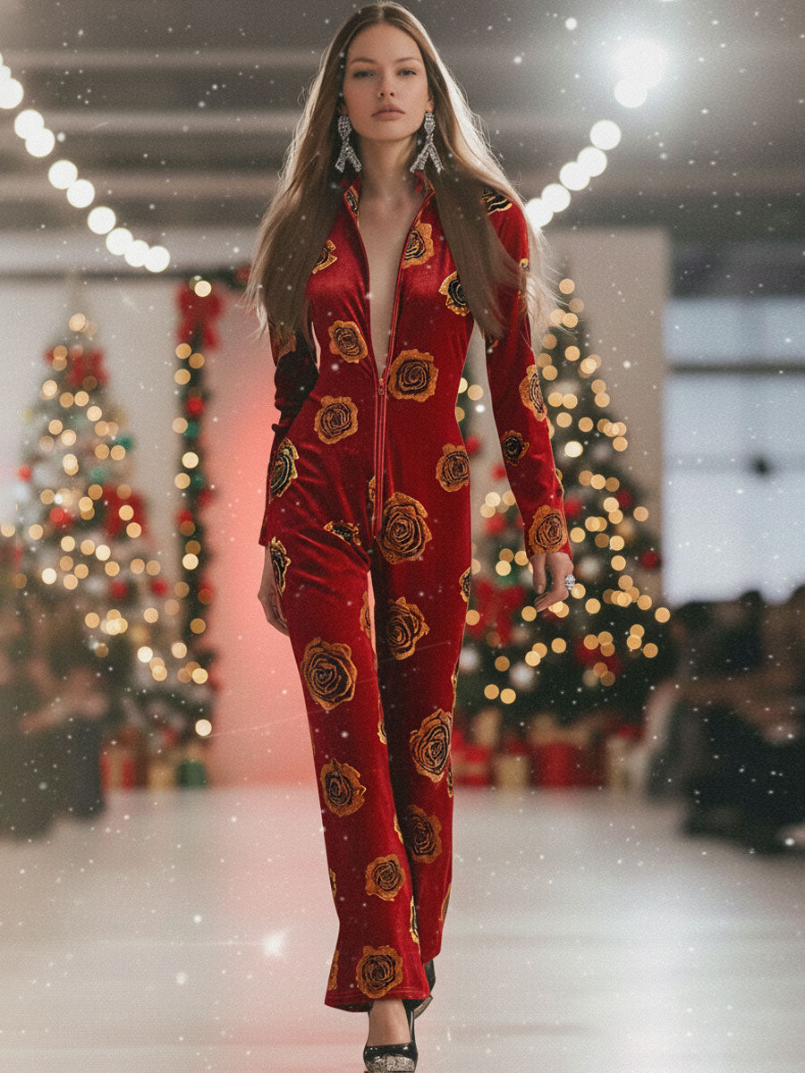 Lässiger Lockerer Retro Jumpsuit aus Rotem Samt mit Goldenem Rosendruck, Reißverschluss und Langen Ärmeln