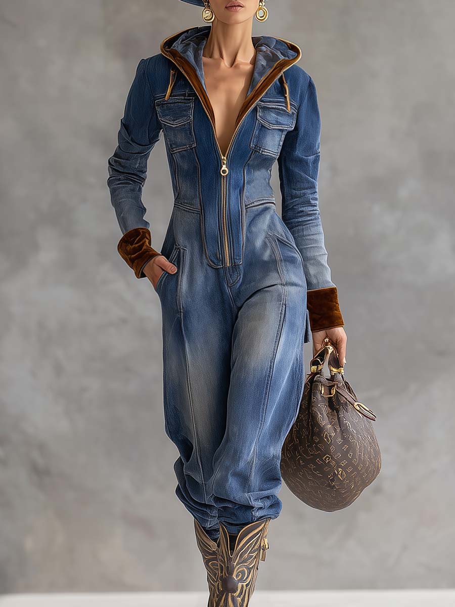 Vintage Lässiger Western-Jumpsuit aus Blauem Denim mit Kapuze, V-Ausschnitt, Reißverschluss und Samt-Einsätzen