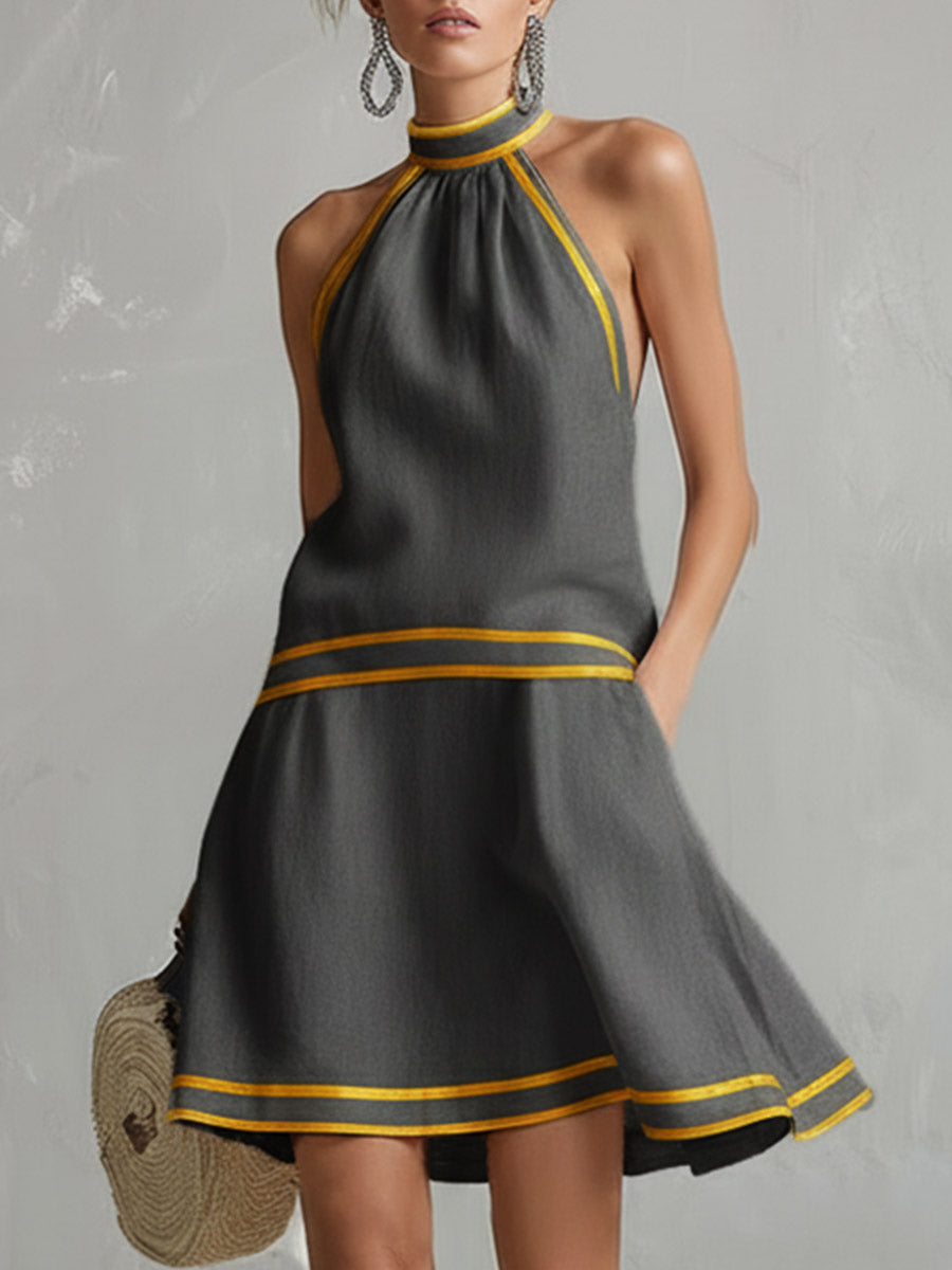 Elegantes orangefarbenes Baumwoll-Leinen-Minikleid mit Neckholder, ärmellos, im Colorblock-Design