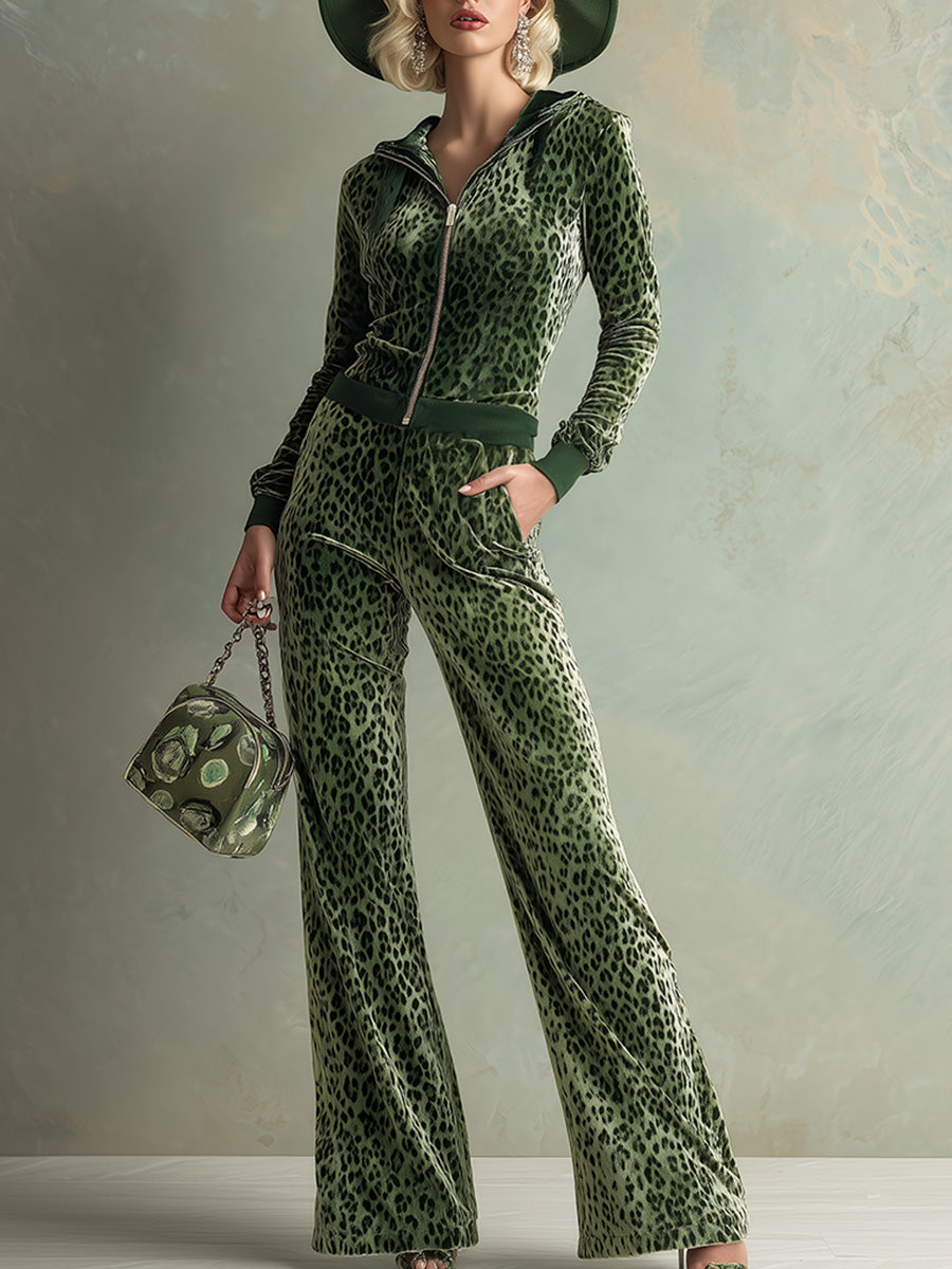 Retro-Eleganter Samt-Jumpsuit mit Kapuze und Grünem Leopardenmuster