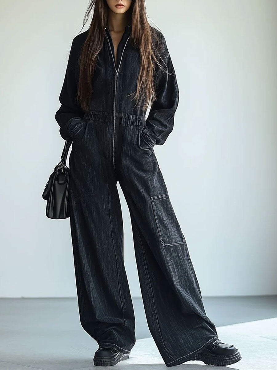 【Versand innerhalb von 24 Stunden】Lässiger, lockerer Retro-Denim-Jumpsuit mit Reißverschluss, elastischem Bund, Revers und langen Ärmeln