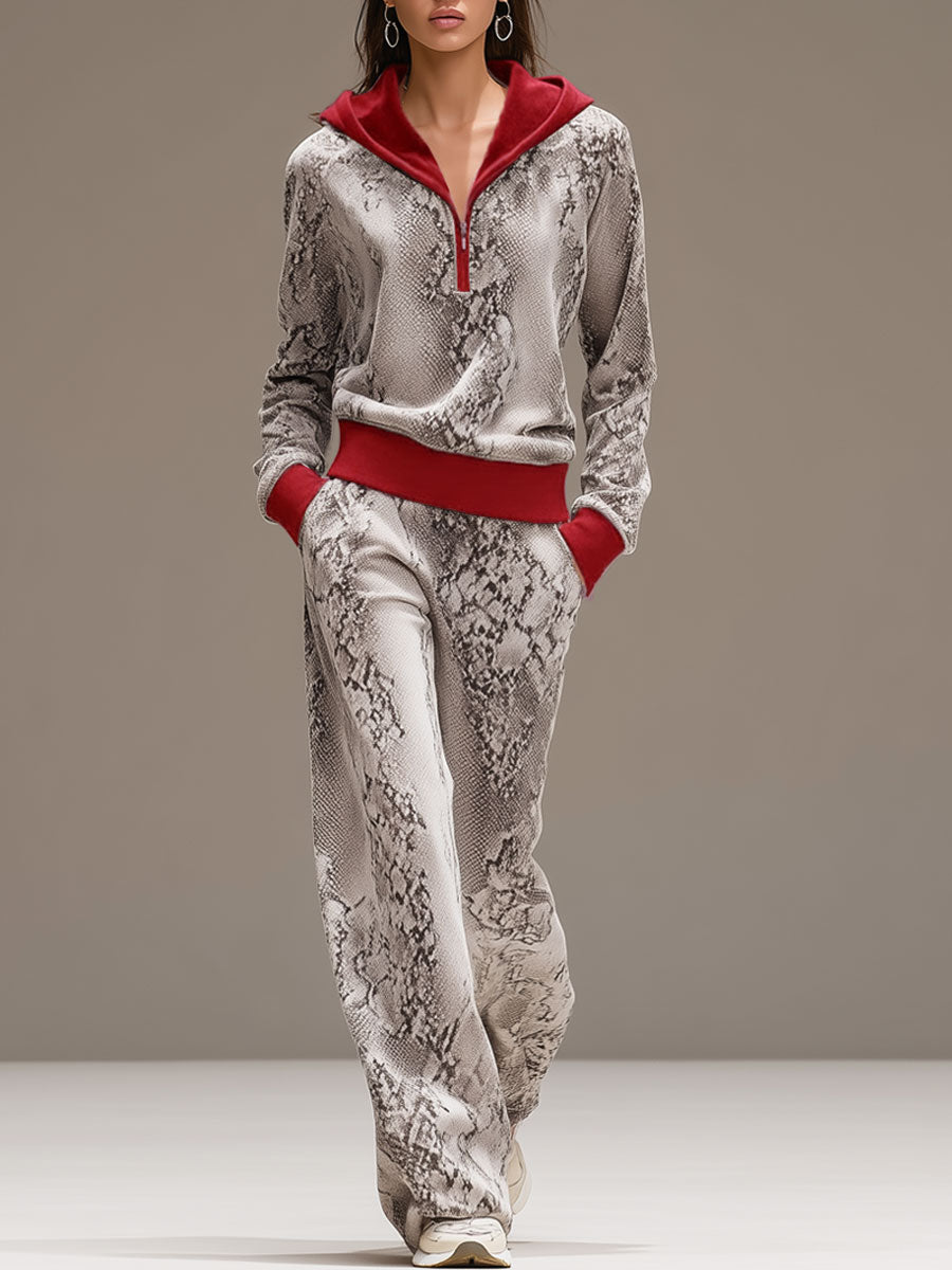 Casual-Sport-Retro-Set aus schlangenledergrauem Samt-Kapuzensweatshirt und weiter Hose