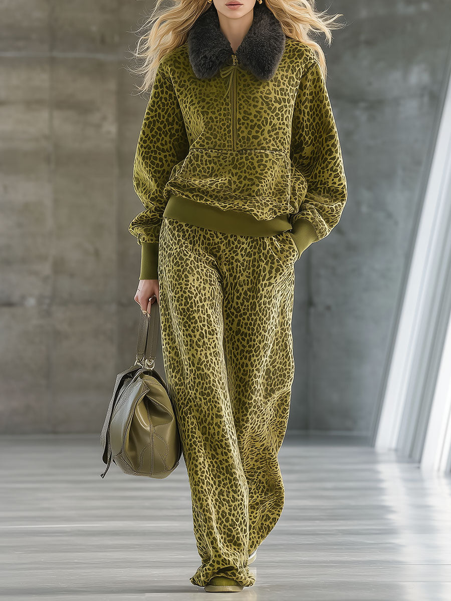Hochwertiges, modisches Samt-Set mit Leopardenmuster und Kunstfellkragen aus Sweatshirt und weiter Hose