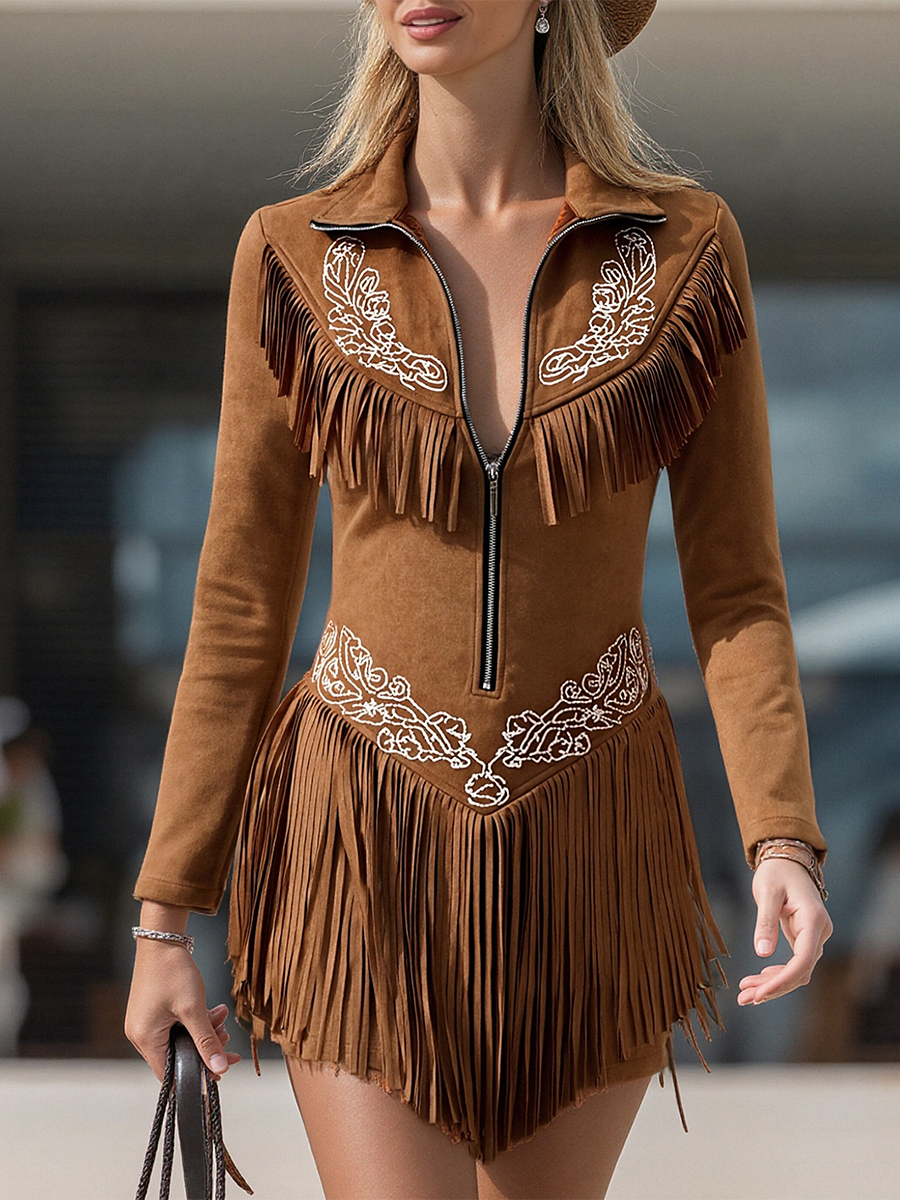Besticktes braunes Wildleder-Minikleid im Vintage-Western-Stil mit Fransen und langen Ärmeln