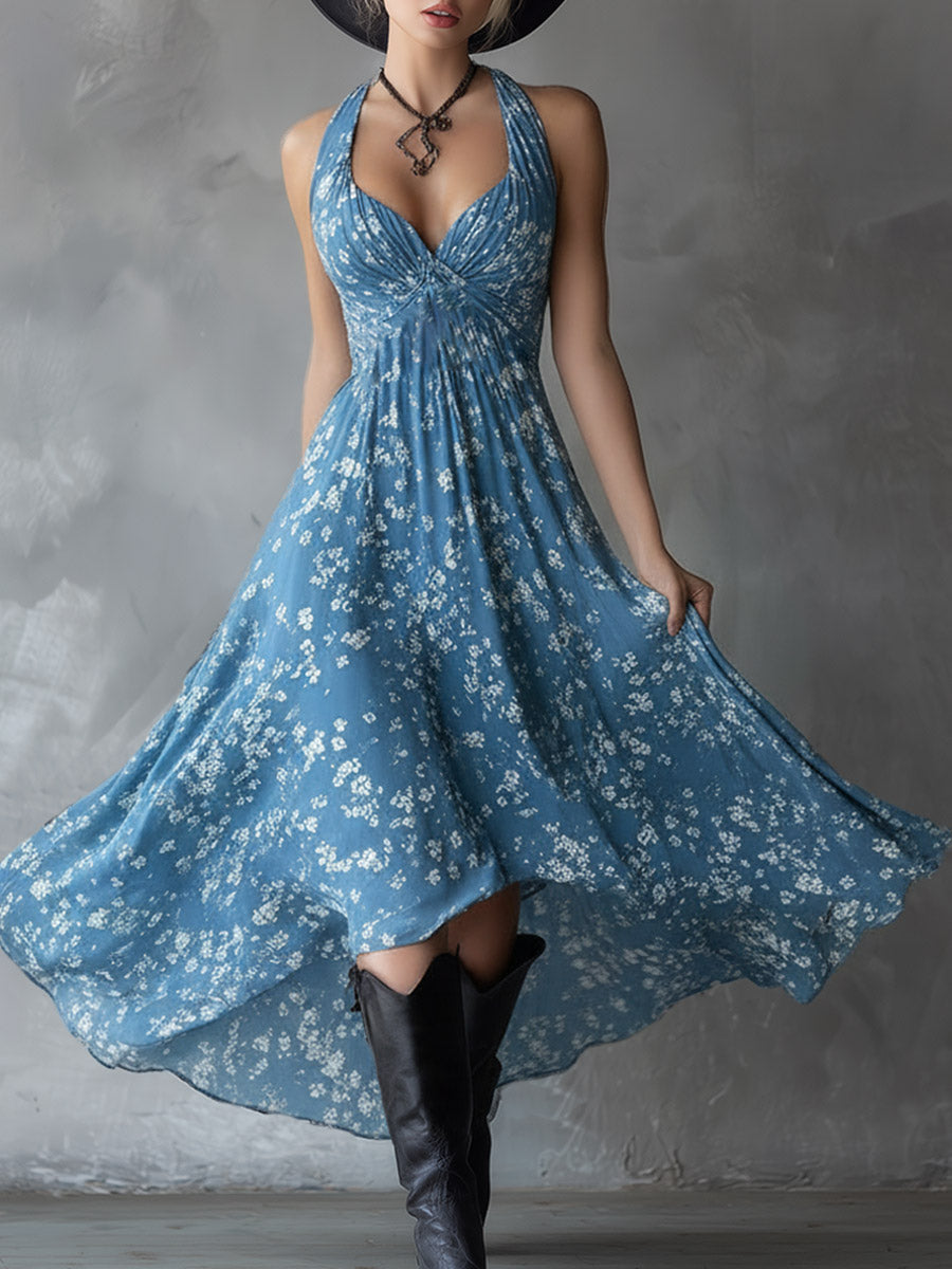 Klassisches Retro-Maxikleid mit Blumenmuster in Marineblau aus Chiffon, ärmellos