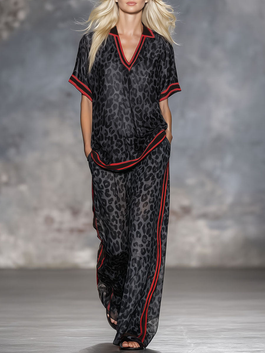 Set: Kurzärmeliges Chiffon-Top mit Leopardenmuster und Hose