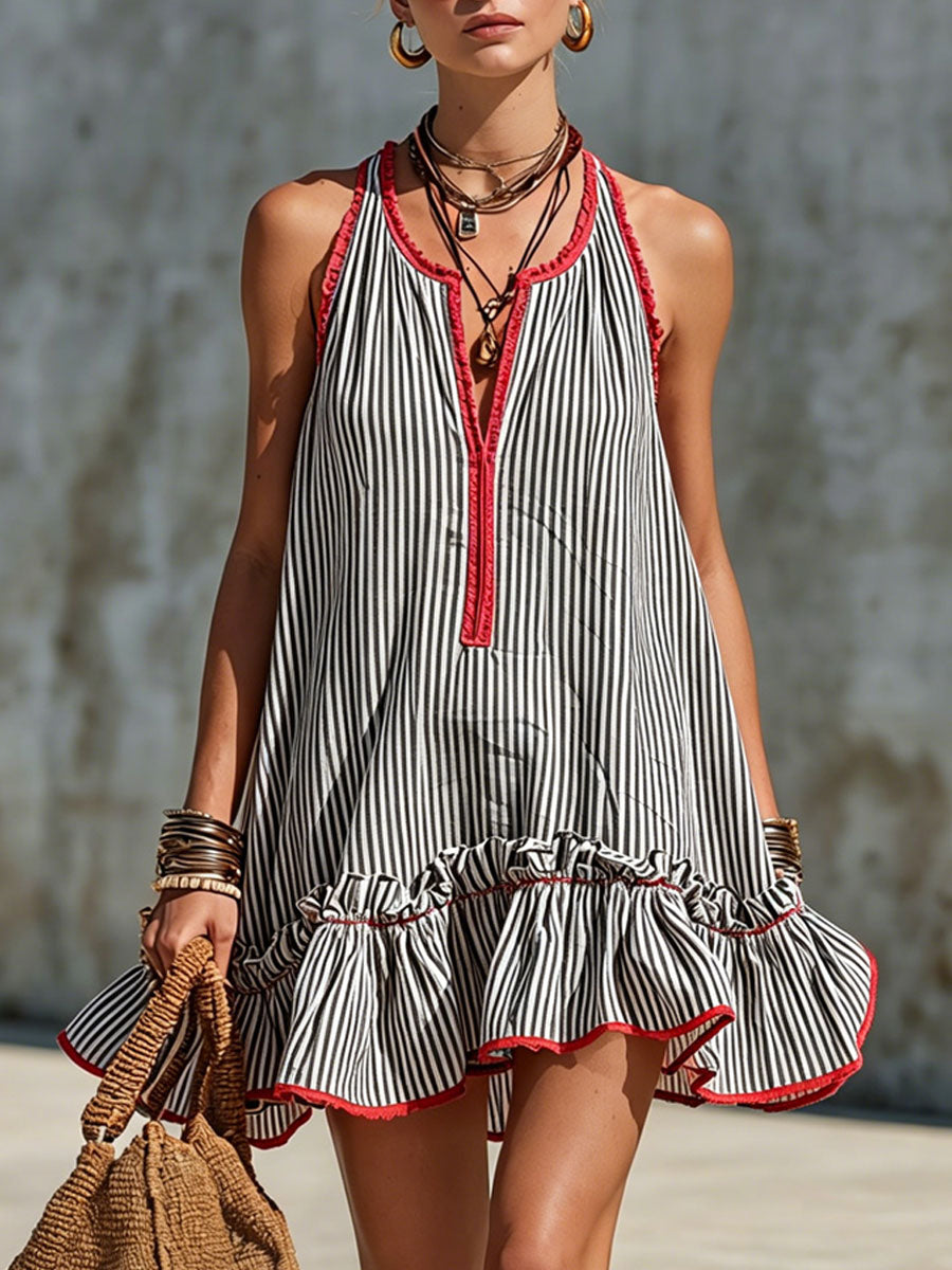 Lässiges rot-weiß gestreiftes Retro-Minikleid aus Baumwoll-Leinen, ärmellos, mit Rüschen