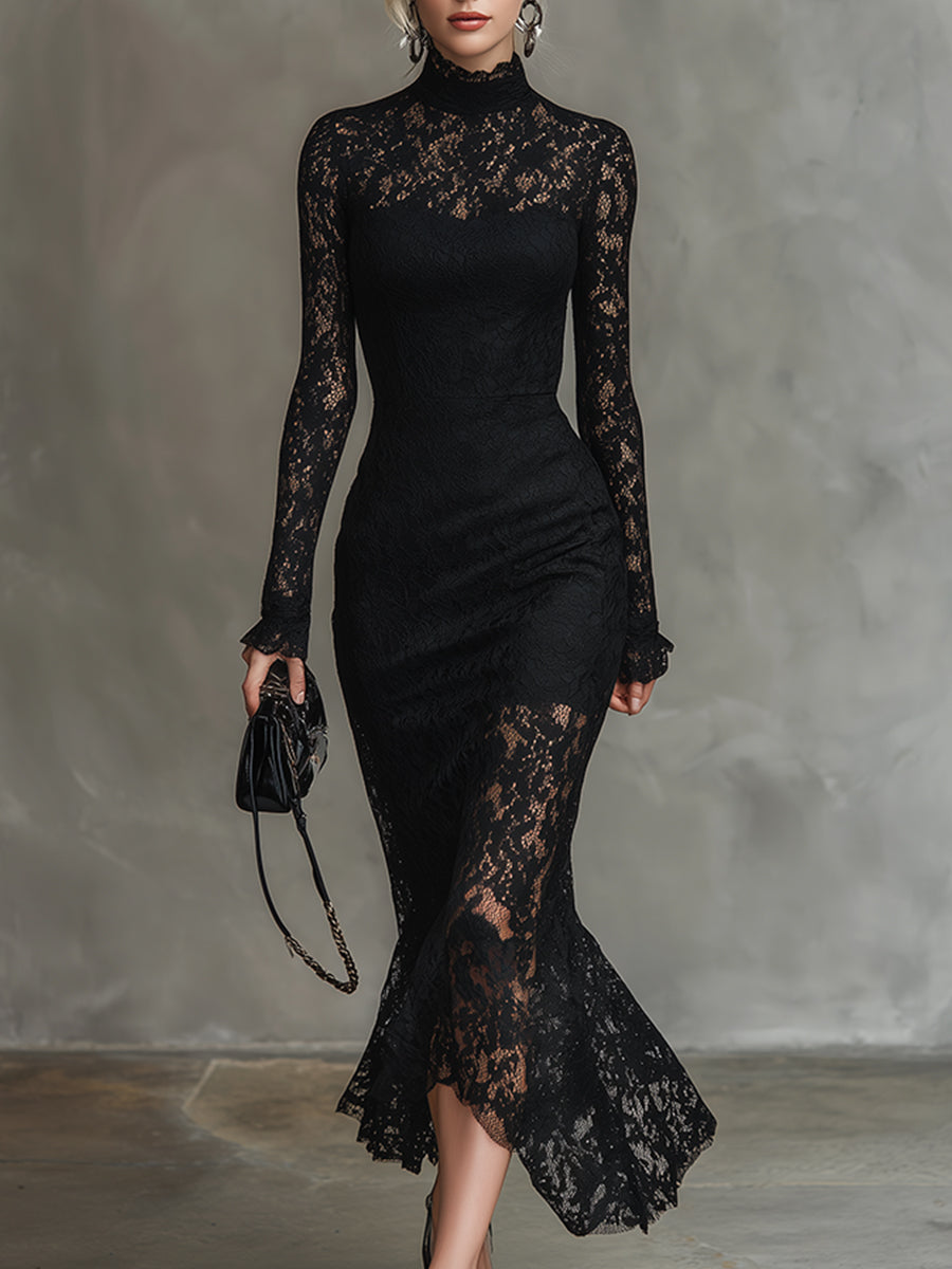 Elegantes schwarzes Party-Maxikleid aus Stretch-Spitze mit Fischschwanz