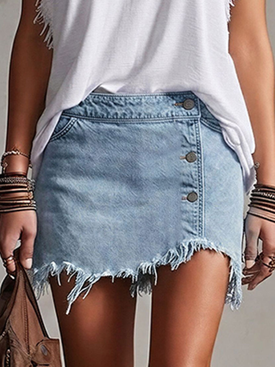 Western-Retro-Set: Minirock und Shorts aus kamelfarbenem Denim mit ausgefransten Kanten