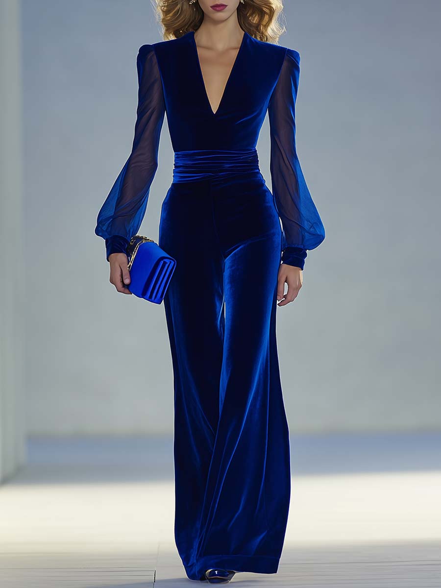 Eleganter, edler Vintage-Samt-Jumpsuit in Königsblau mit V-Ausschnitt und langen Mesh-Ärmeln