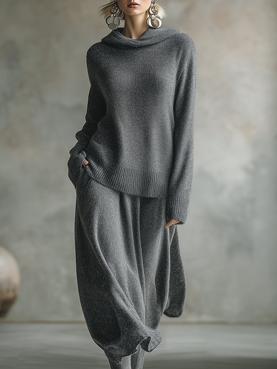 Elegantes minimalistisches graues Set aus Kapuzenpullover und Rock