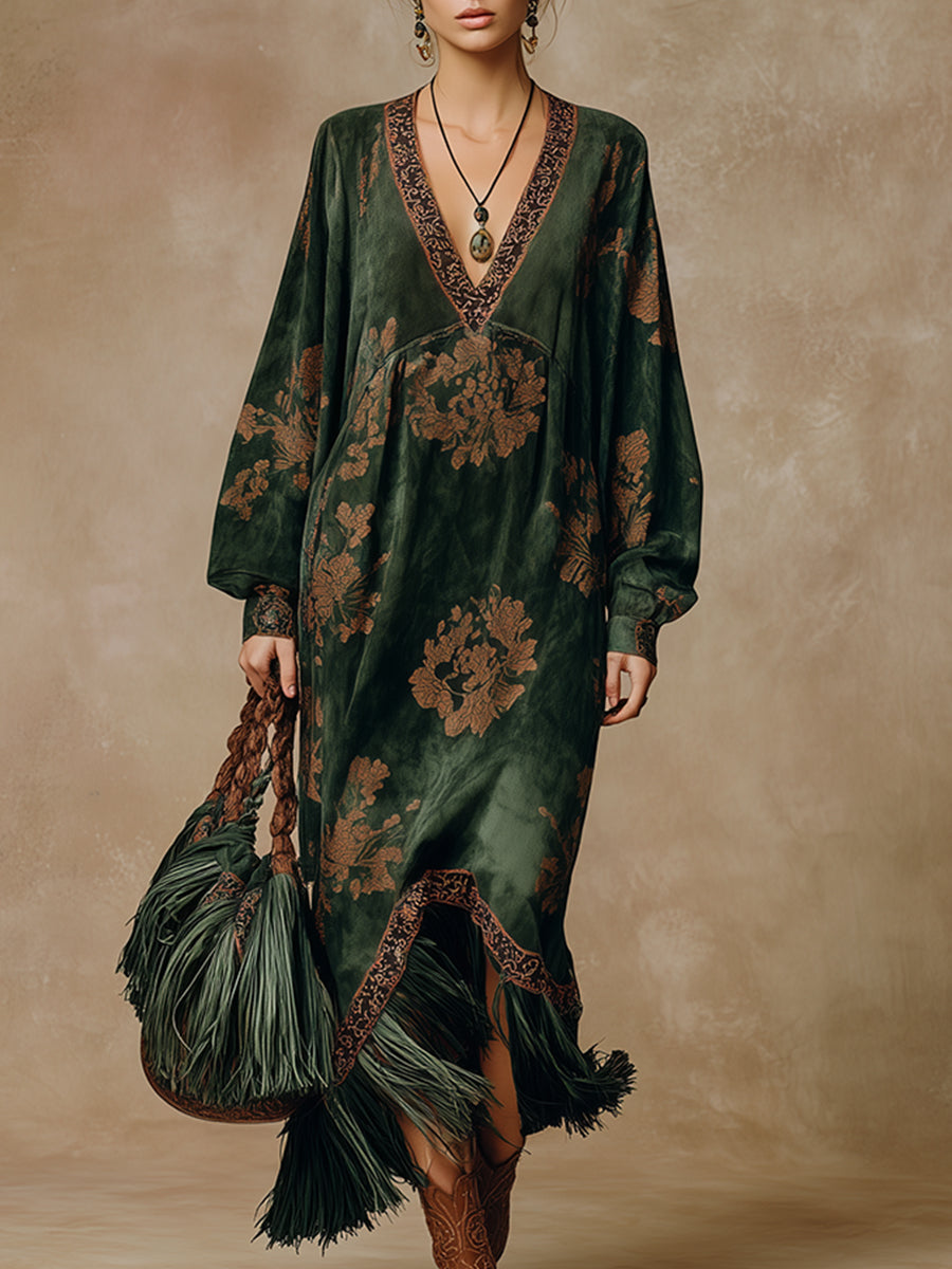 Grünes Retro-Maxikleid aus Kunstwildleder mit Print und Fransen