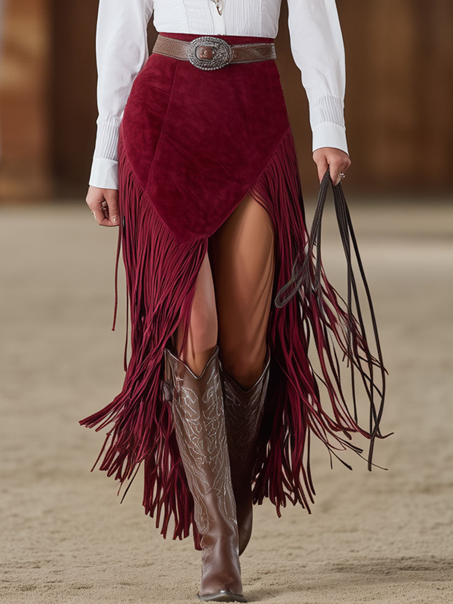 Western-Retro-Midirock aus rotem Wildlederimitat mit Schlitz und Fransen