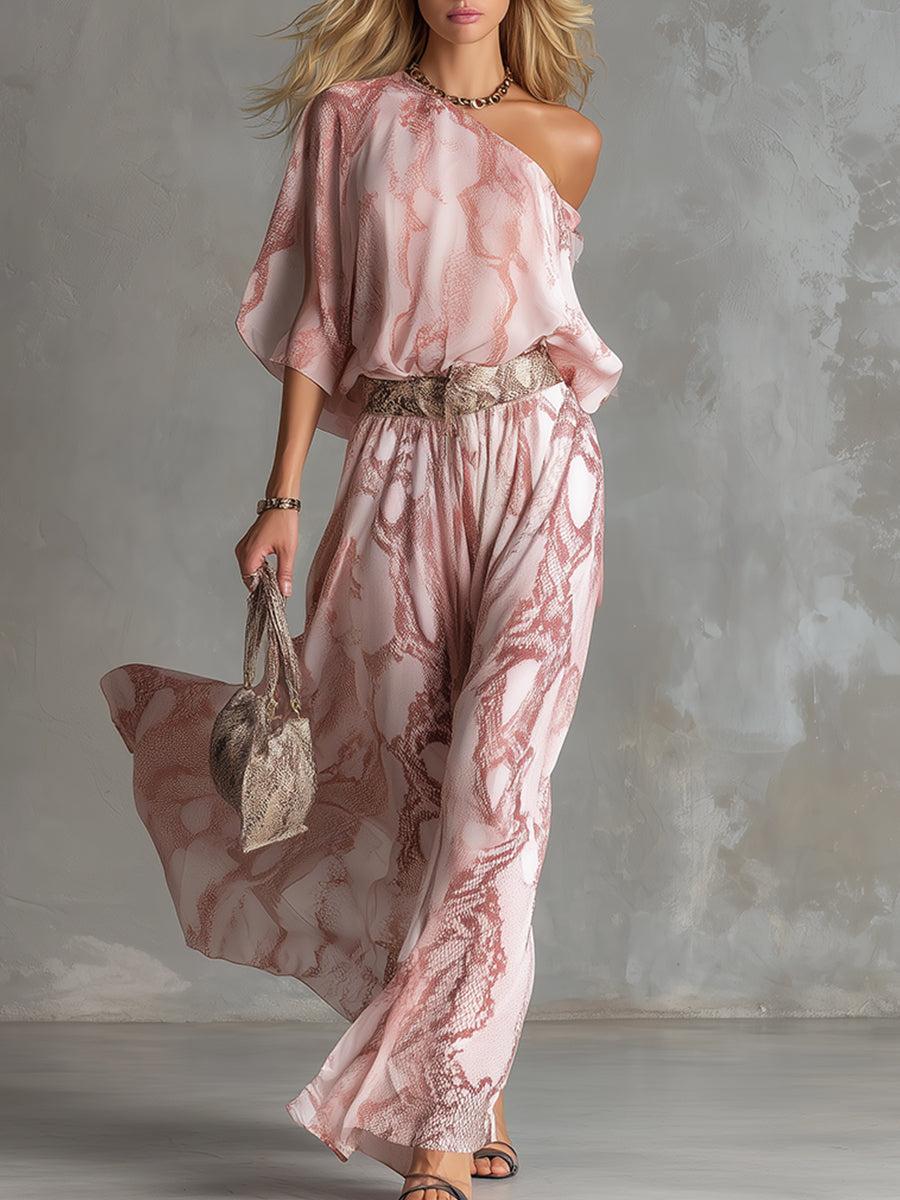 Retro-Urban-Style-Set: One-Shoulder-T-Shirt mit rosa Schlangenmuster und weit geschnittene Hose