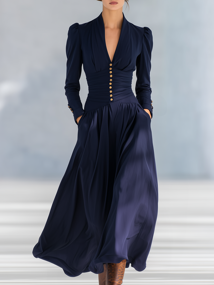 Stilvolles elegantes Maxikleid mit Zierknöpfen, V-Ausschnitt und langen Ärmeln