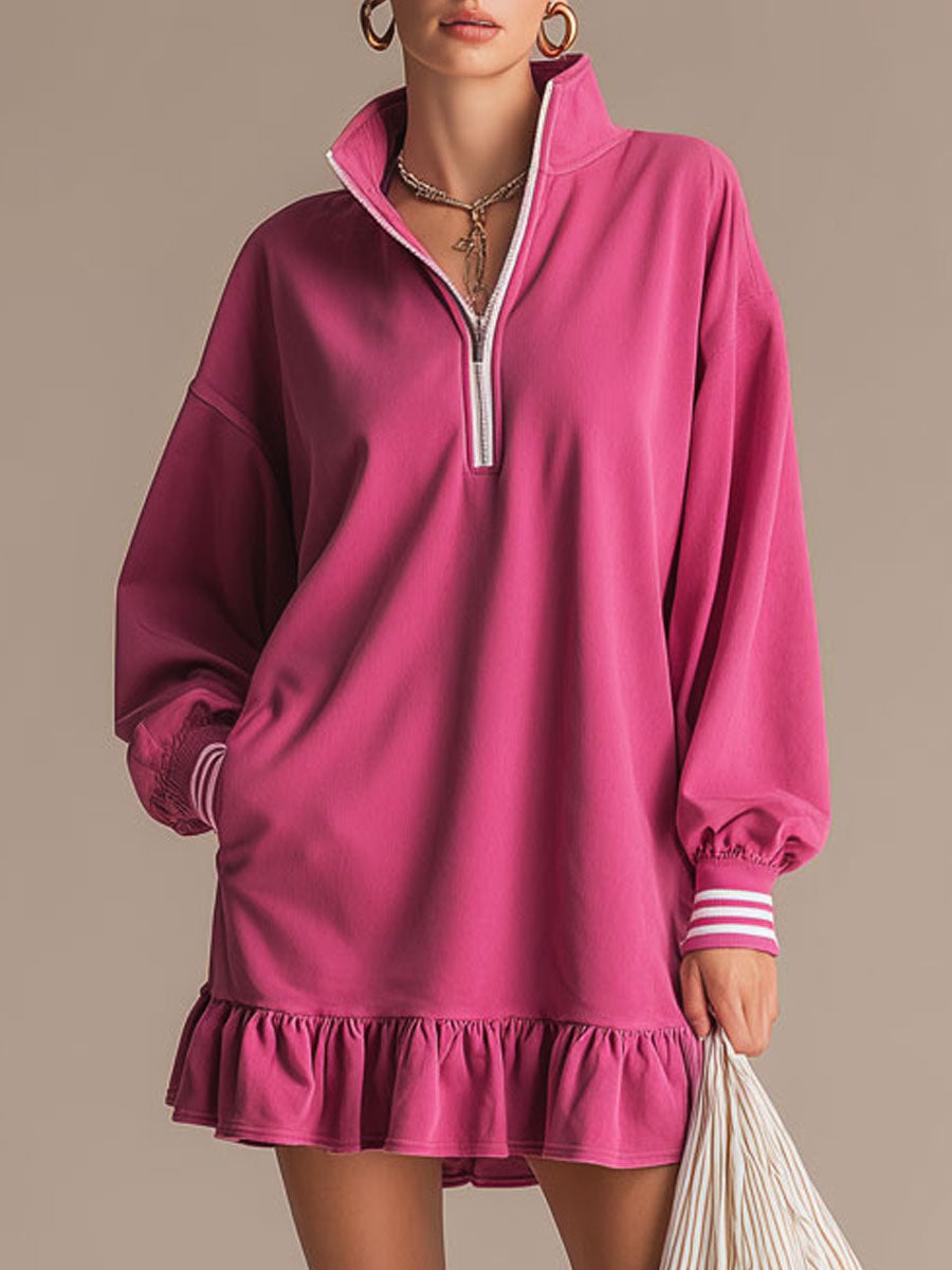 Sportliches Retro-Sweatshirt-Minikleid aus rosa Baumwolle mit halbem Reißverschluss und Rüschen