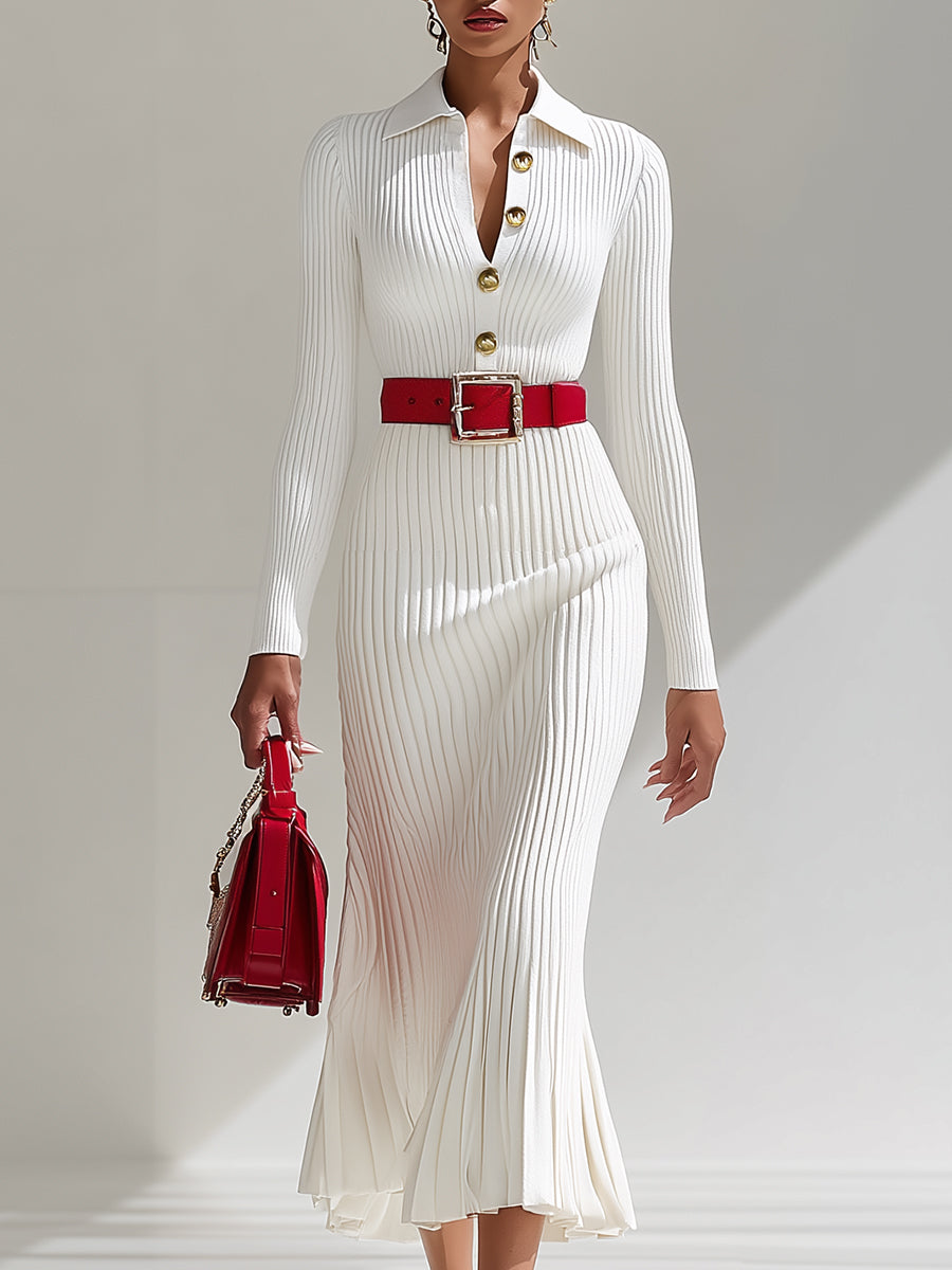 【Versand innerhalb von 24 Stunden】Weißes Woll-Maxikleid mit Revers und Knopf-Design