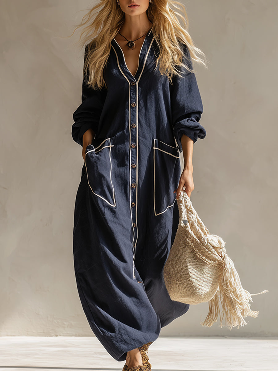Elegantes urbanes Baumwoll-Leinen-Maxikleid in Marineblau