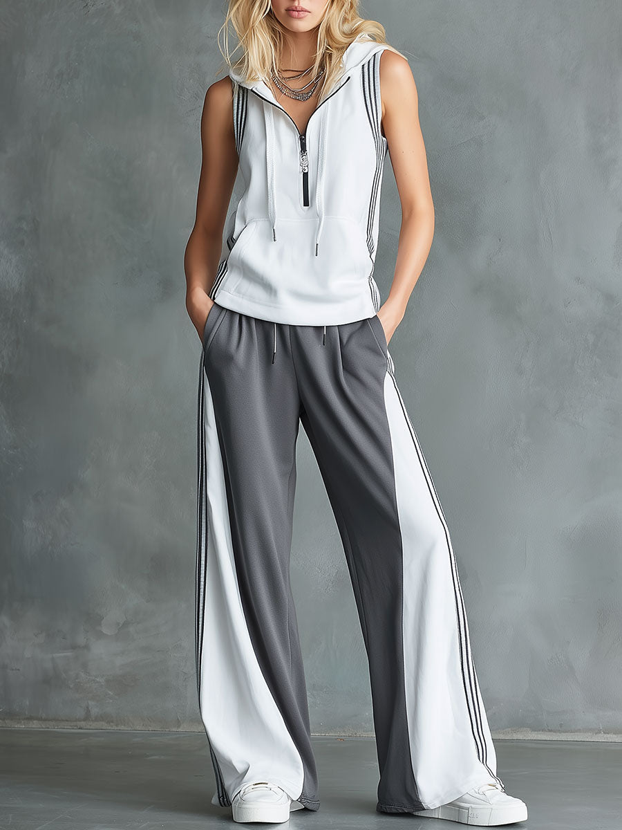 Lässiges sportliches Set: Ärmelloses Kapuzentop im Colour-Block-Design und weit geschnittene Hose