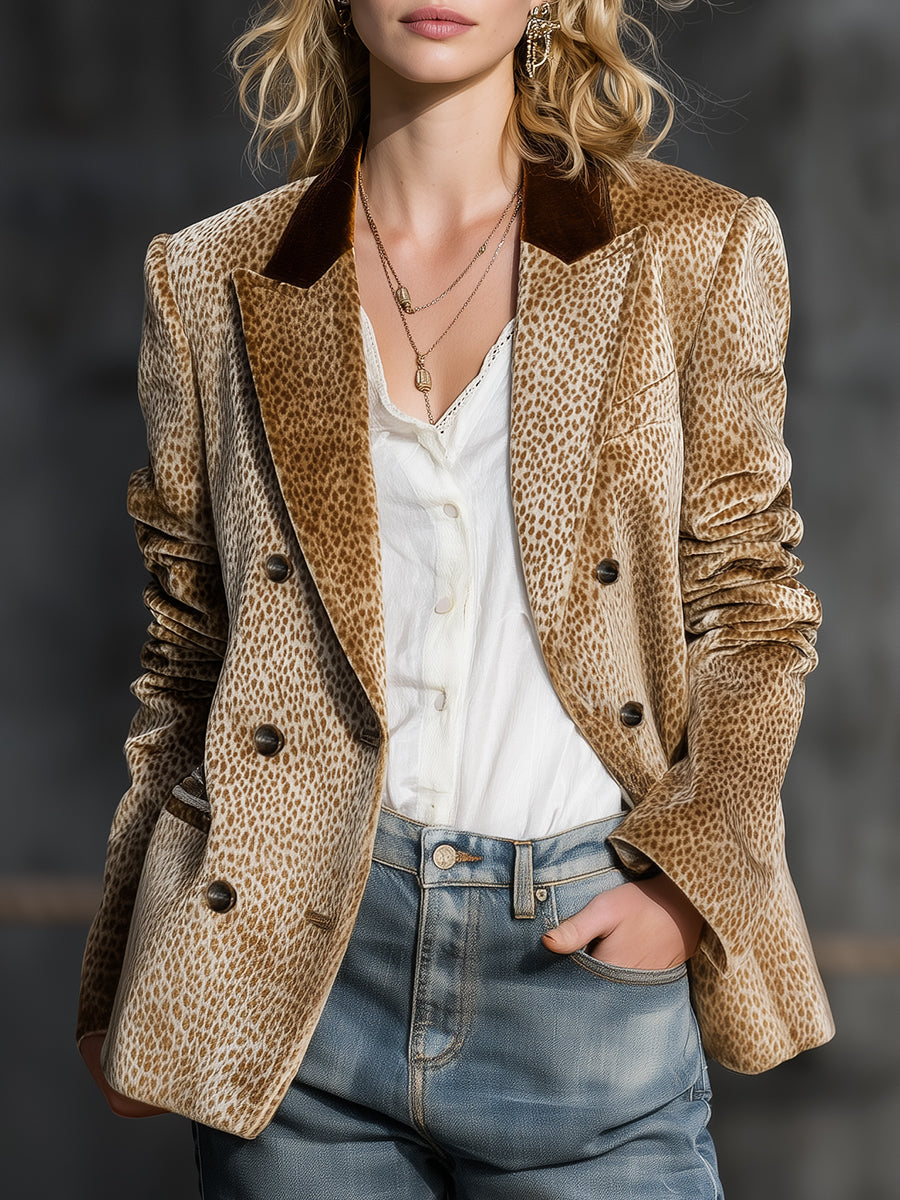 Retro-Samtblazer mit Leopardenmuster und Colorblock-Kragen