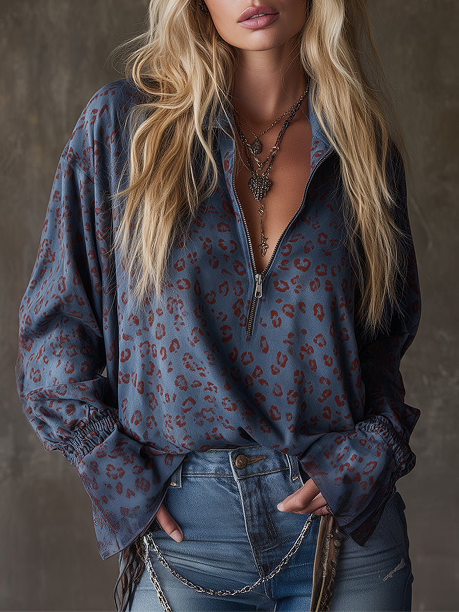 Lässiges blaues Hemd im Western-Stil aus Kunstwildleder mit Leopardenmuster