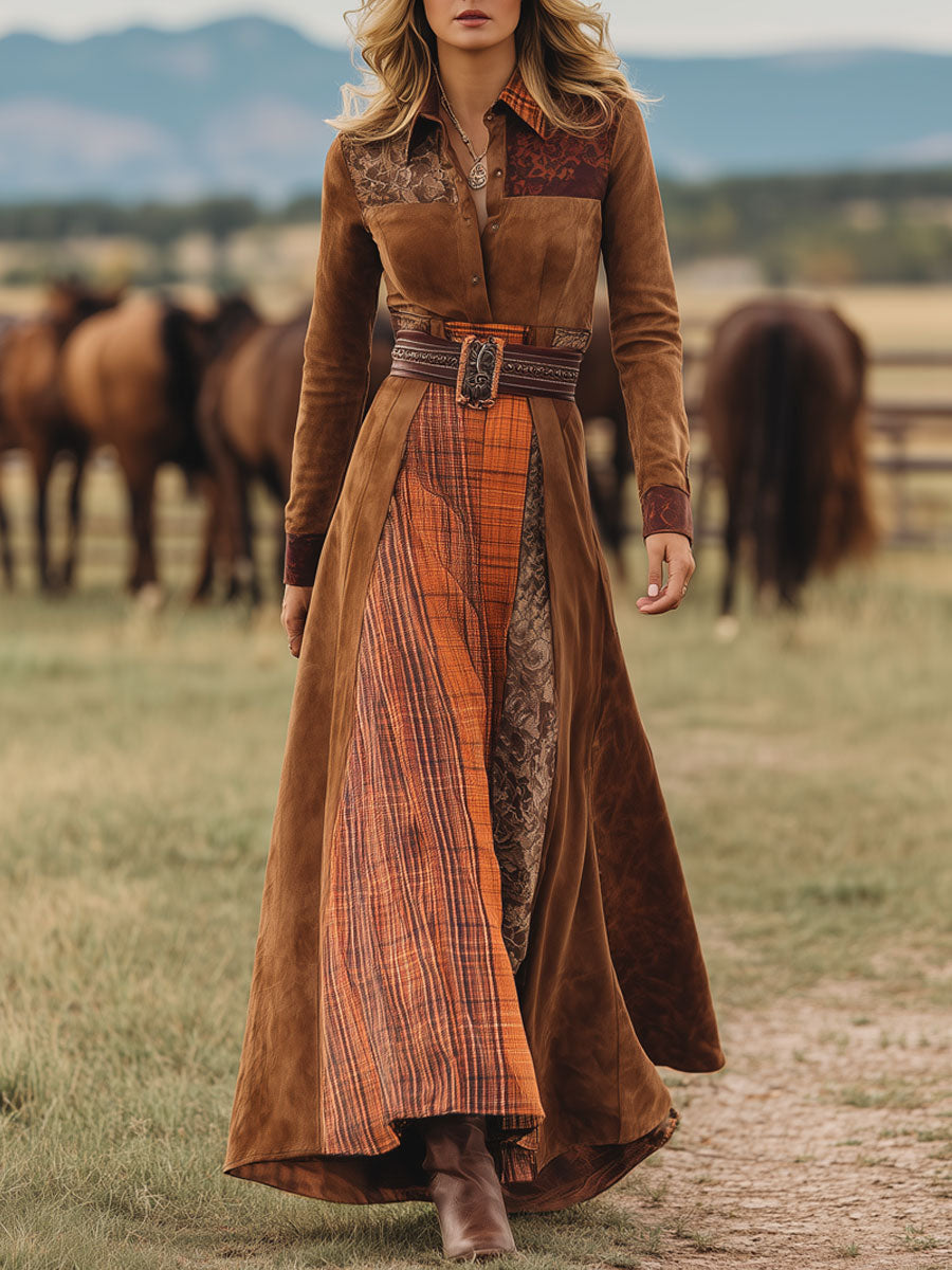 Western-Retro-Maxikleid mit Schnürung und Karo-Patchwork in Karamell aus Kunstwildleder