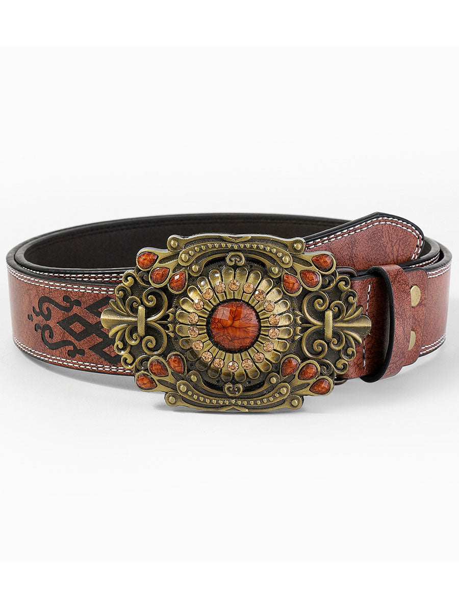 Lässiger Vintage-Gürtel aus PU-Leder mit Edelstein-Blüten-Verzierung