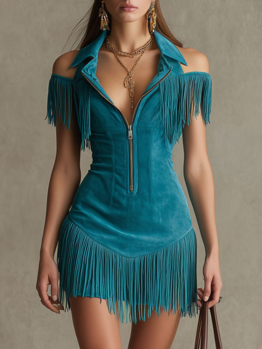 Pfauenblaues Western-Retro-Minikleid aus Kunstwildleder mit Cut-Outs und Quasten