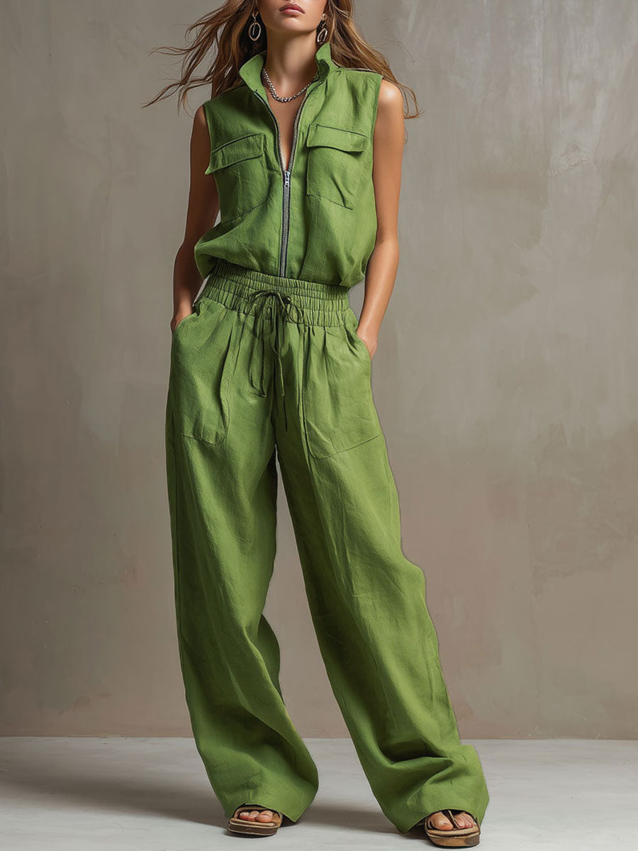 Lässiges Retro-Set: Grünes ärmelloses Zip-Hemd aus Baumwoll-Leinen und weit geschnittene Hose