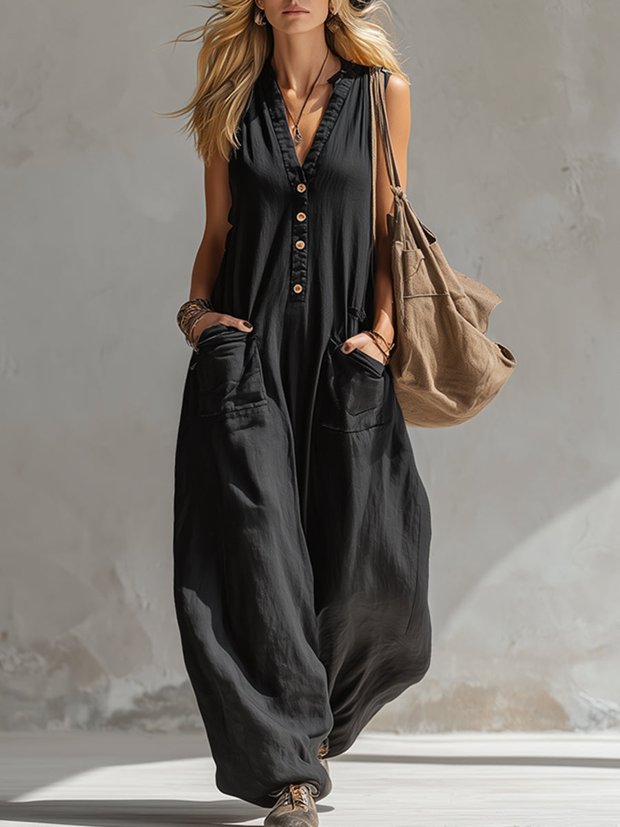 Eleganter ärmelloser Overall aus schwarzer Baumwolle und Leinen im urbanen Stil