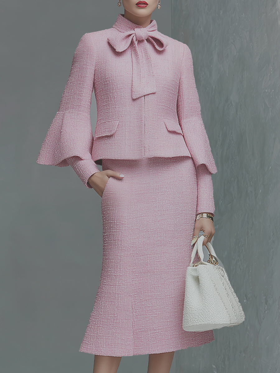 Elegantes Tweed-Set aus Jacke und Rock mit Schleife am Ausschnitt und Trompetenärmeln